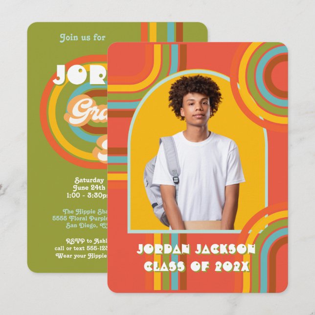 Retro Hippie 70:s 60:e Studenten-foto Inbjudningar (Fram/baksida)