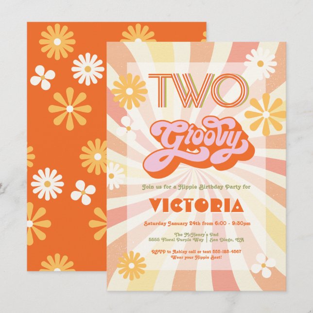 Retro Hippie 70:s dubbla Groovy-Födelsedagsfest Inbjudningar (Fram/baksida)