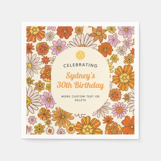 Retro Hippie 70-talets Blommönster Pickleball Part Pappersservett (Framsidan)