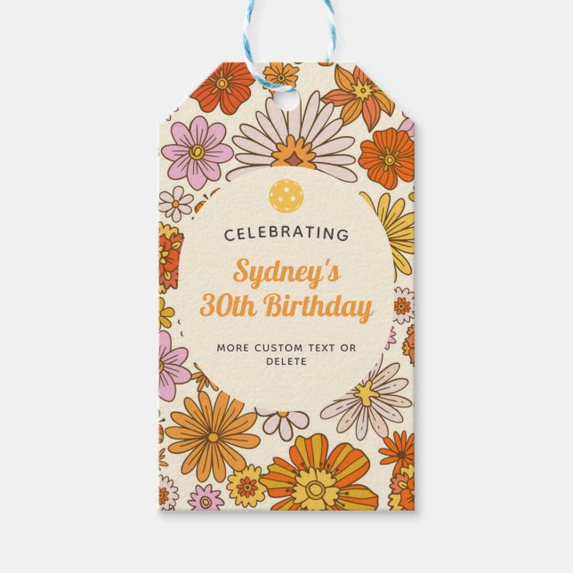 Retro Hippie 70-talets Blommönster Pickleball Part Presentetikett (Framsidan)