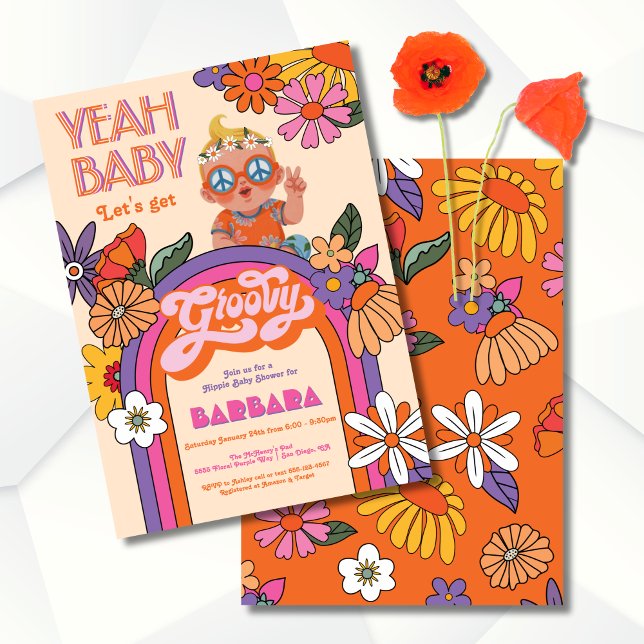Retro Hippie Baby 70:s 60:e Groovy Baby Shower Inbjudningar (Skapare uppladdad)