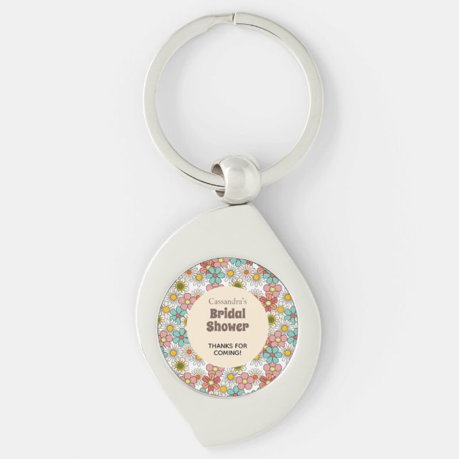 Retro Hippie Blom Bröllopsdusch Tack Swirl Silverfärgad Nyckelring (Framsidan)