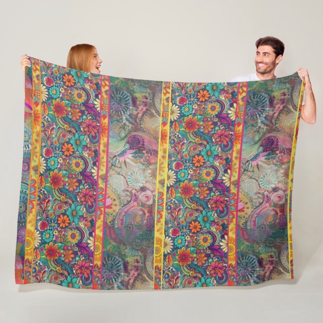 Retro Hippie: Blommigt Fantasy Fleecefilt (På plats)