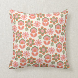Retro Hippie Boho 70 s Flower Mönster Rosa Grönt  Kudde