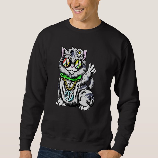 Retro Hippie Cat Lång Ärmad Tröja (Framsida)