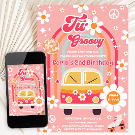 Retro Hippie Daisy Rainbow Two Groovy 2nd Birthday Inbjudningar