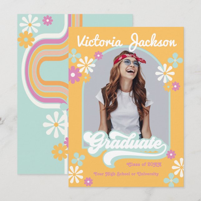 Retro Hippie Examenstillkännagivande Foto Inbjudningar (Fram/baksida)