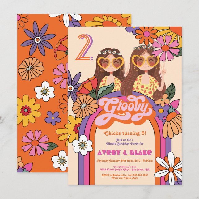 Retro Hippie Flicka 70-talet 60-talet Groovy Födel Inbjudningar (Fram/baksida)