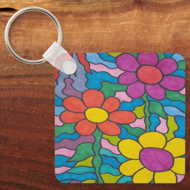 Retro Hippie Flower Art  Nyckelring (Framsida)