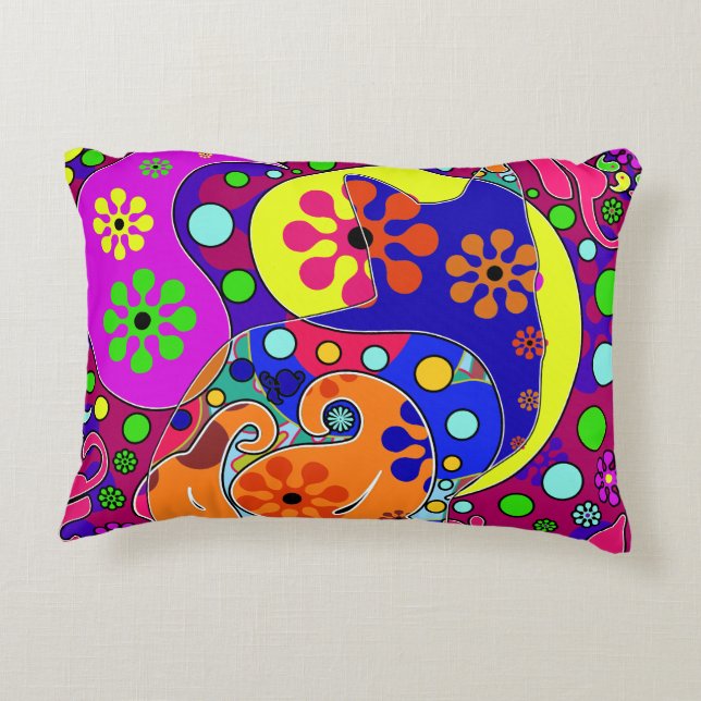 Retro Hippie Flower Power Paisley Cat Pop Art Prydnadskudde (Baksidan)