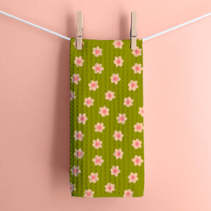 Retro Hippie Flowers på Oliv grönt Kökshandduk