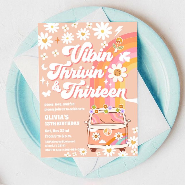 Retro Hippie Födelsedagsinbjudan Inbjudningar (Skapare uppladdad)