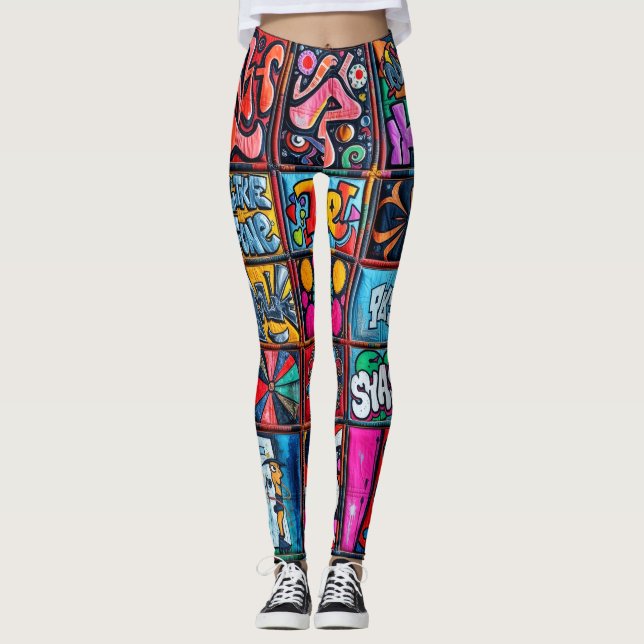 Retro Hippie Graffiti Lapptäcke Långbyxor Leggings (Framsida)
