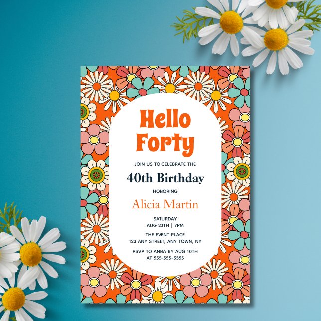 Retro Hippie Groovy Flower Hej 40 födelsedagar Inbjudningar (Skapare uppladdad)
