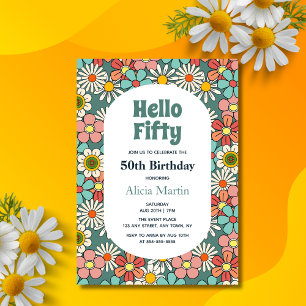 Retro Hippie Groovy Flower Hej 50 födelsedagar Inbjudningar