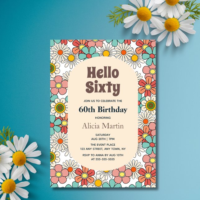 Retro Hippie Groovy Flower Hej 60 födelsedagar Inbjudningar (Skapare uppladdad)