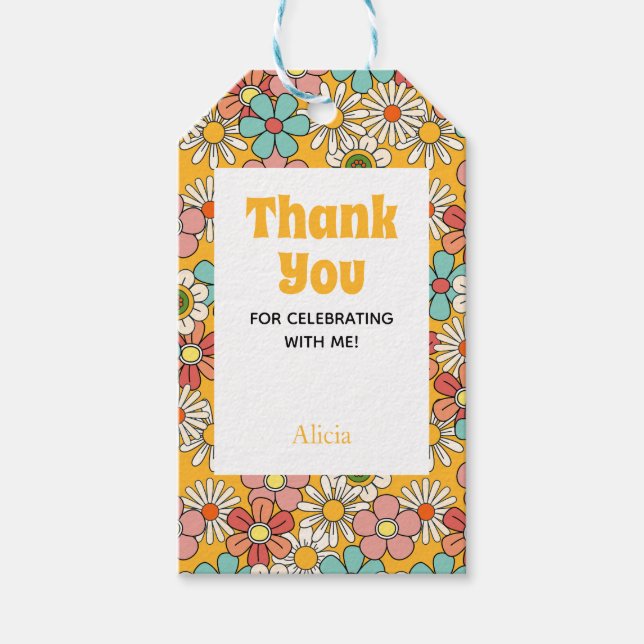 Retro Hippie Groovy Flower Hej 70 födelsedagar Presentetikett (Framsidan)