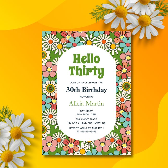 Retro Hippie Groovy Flower Hej Trettio födelsedaga Inbjudningar (Skapare uppladdad)