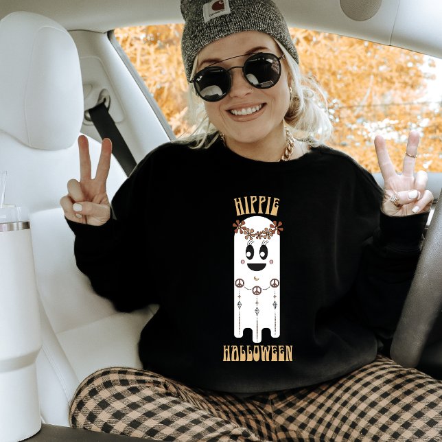 Retro Hippie Halloween Ghost Sweatshirt T Shirt (Hippie Halloween Black Sweatshirt by Awakening Graphics featuring a cute ghost with a flower crown.)