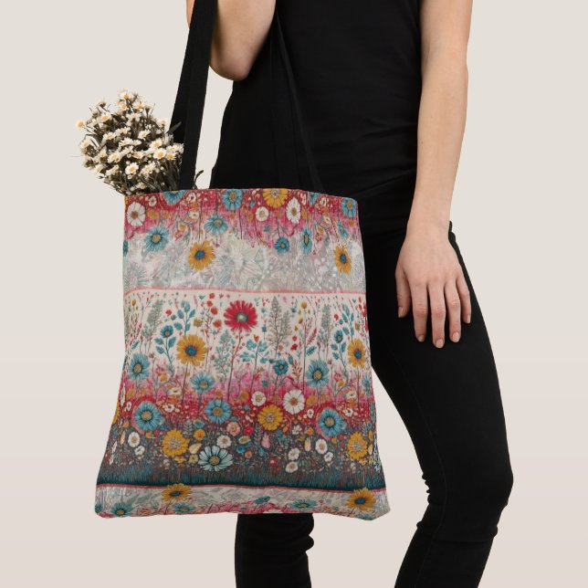 Retro Hippie: Patchwork Garden Tote Tygkasse (Närbild)
