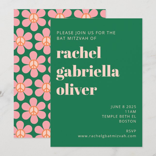 Retro Hippie Peace Flower Grönt Rosa Bat mitzvah Inbjudningar (Fram/baksida)