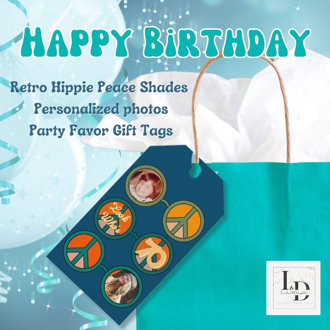 Retro Hippie Peace Glass 2 Fotofödelsedag Presentetikett (Skapare uppladdad)