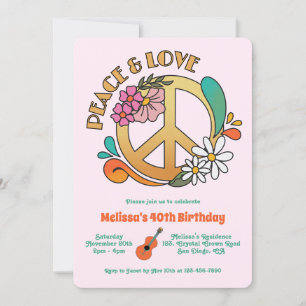 Retro Hippie Peace & Kärlek Blommigt Birthday Inbjudningar