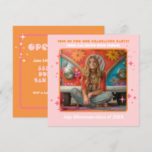 Retro Hippie Photo Studentfest Rosa orange Inbjudningar