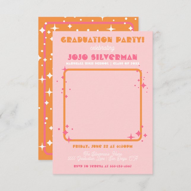 Retro Hippie Photo Studentfest Rosa orange Inbjudningar (Fram/baksida)