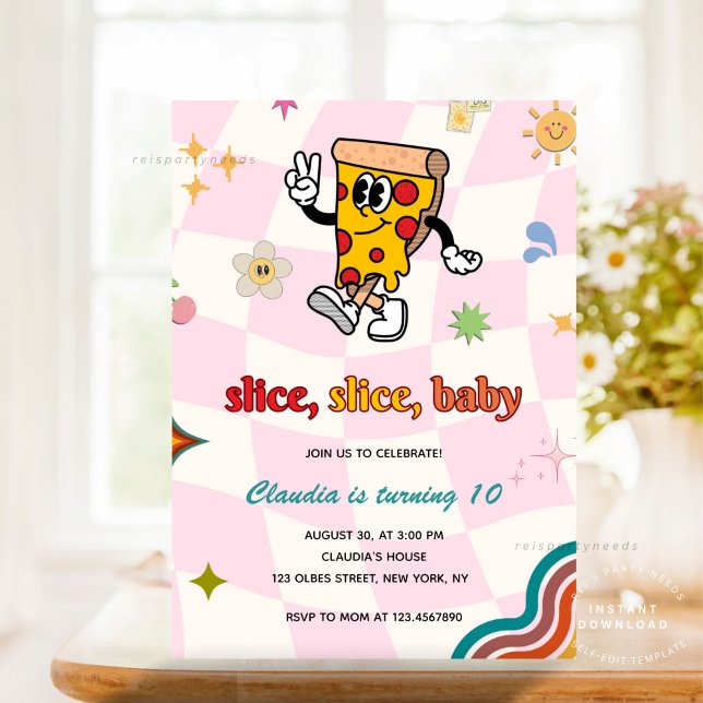 Retro Hippie Pizza Födelsedagsfest Inbjudningar (Pizza Party, Pizza Birthday Invitation, Slice Slice Baby Invitation, Pizza Making Birthday, Retro Pi)