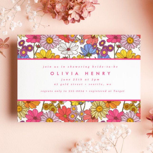 Retro Hippie Rainbow Blomsterträdgård Möhippa Inbjudningar (Skapare uppladdad)