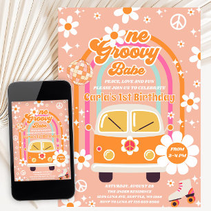 Retro Hippie Regnbåge En Groovy Babe 1-årsdag Inbjudningar