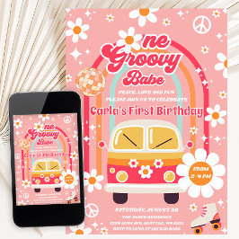 Retro Hippie Regnbåge En Groovy Babe 1-årsdag Inbjudningar