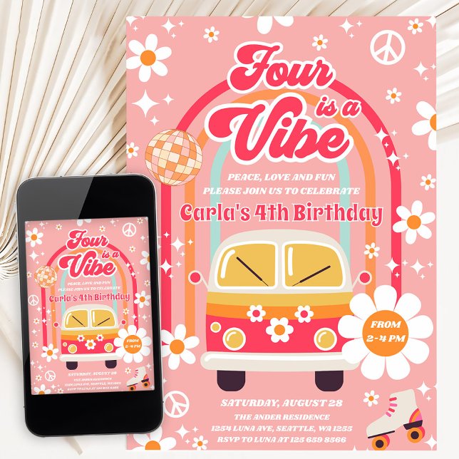 Retro Hippie Regnbåge Fyra Är En Känsla 4-års Föde Inbjudningar (Skapare uppladdad)