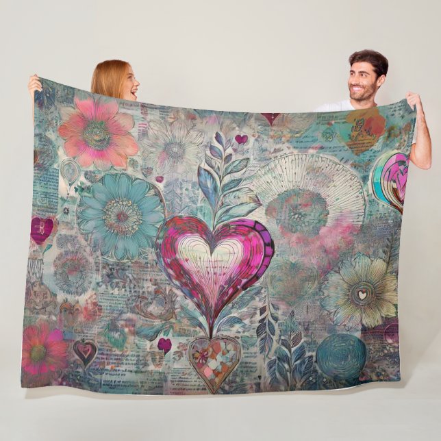 Retro Hippie: Rosa Heart Fleece Blanket (På plats)
