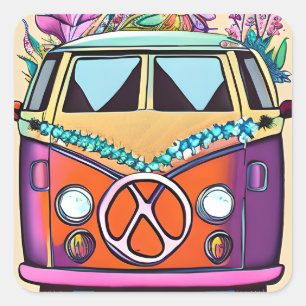 Retro Hippie Van Vintage Färg Art Fyrkantigt Klistermärke