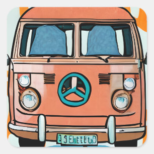Retro Hippie Van Vintage Färg Art Fyrkantigt Klistermärke