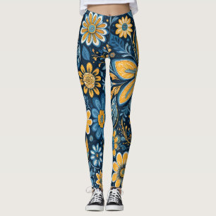 Retro Hippie Vintage Flowers Design Gult Blue Leggings