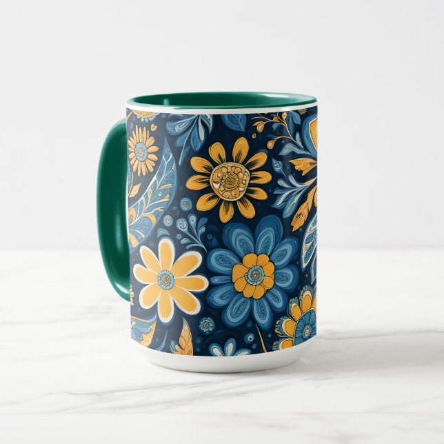 Retro Hippie Vintage Flowers Design Gult Blue Mugg (Framsida vänster)