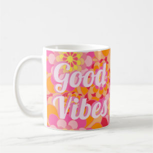 Retro Hippy Orange Rosa Flowers Good Vibes Kaffemugg
