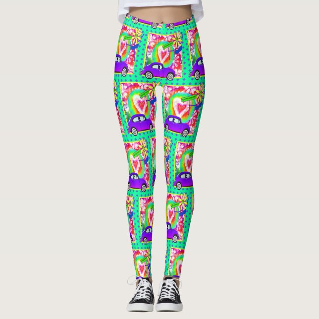Retro Hippy Tie Dye Car Heart 1960's 1970's Leggings (Framsida)