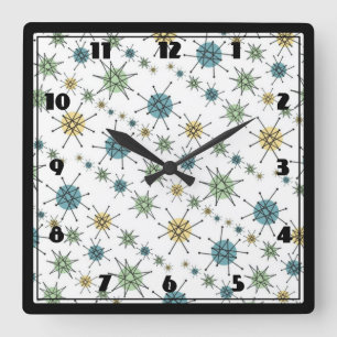 Retro Hipsterutrymmeålder atom- Starburst Fyrkantig Klocka