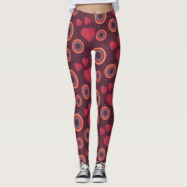 Retro Hjärtan och Cirklar Mönster Leggings (Framsida)