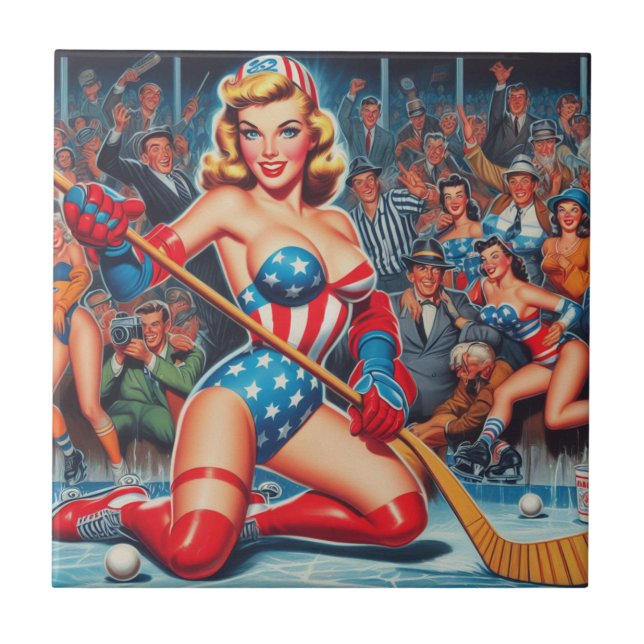 Retro Hockey Pin-up Kakelplatta (Framsidan)