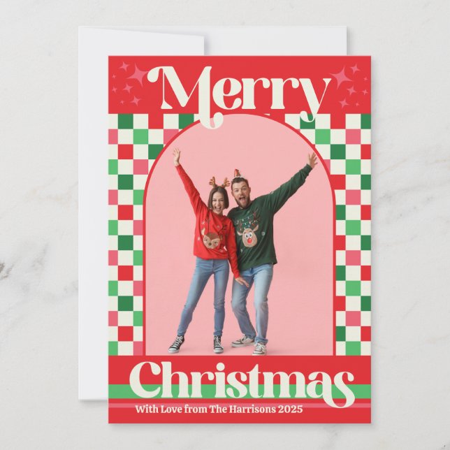 Retro Holiday Check Merry Christmas Flat Card Julkort (Framsida)