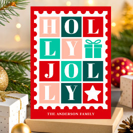 Retro Holly Jolly Christmas Postage Stamp Helgkort