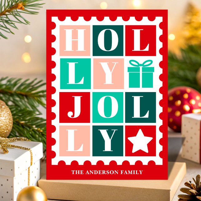 Retro Holly Jolly Christmas Postage Stamp Helgkort (Skapare uppladdad)