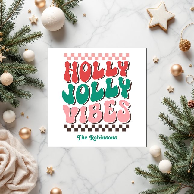 Retro Holly Jolly Vibes Anpassningsbar jul Party Pappersservett (Retro Holly Jolly Vibes Custom Christmas Party Napkins)