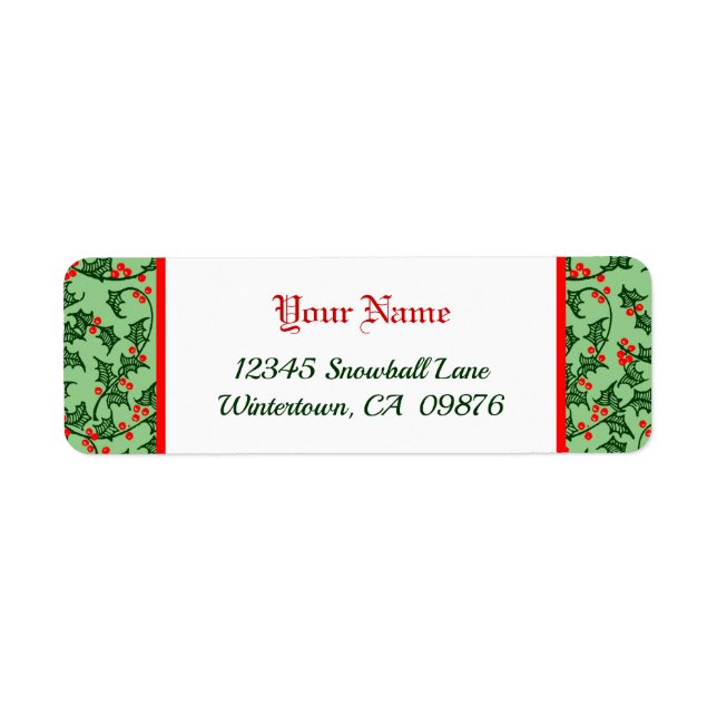 Retro Holly med Red Berries på Grönt Editable Returadress Etikett (Framsidan)