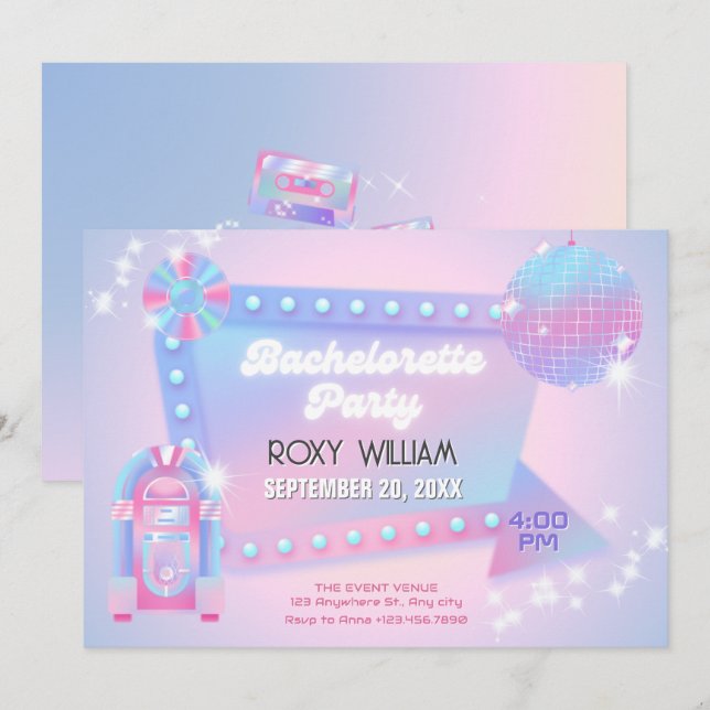Retro holo disco bachelorette Party Inbjudningar (Fram/baksida)